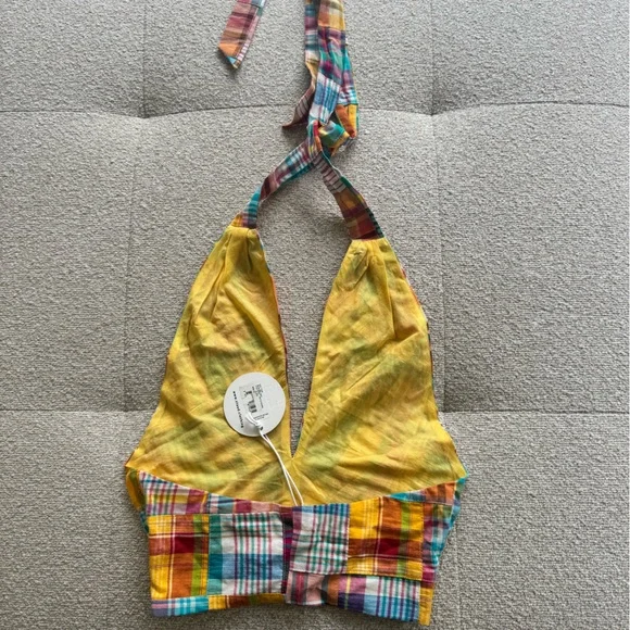 NWT STAUD X BIRKENSTOCK KAI PATCHWORK PLAID COTTON HALTER TOP- SIZE 00